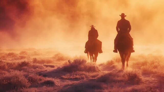 A silhouette of a cowboy riding a horse against a golden backdrop. The cowboy is wearing a hat and a long coat, and the horse is a dark color with a white mane.