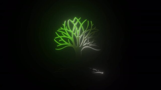 Illuminated tree with split glowing branches, symbolizing eco green peace and nature's duality
