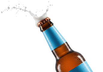 Isolated refreshing cold beer bottle opening with foam and splashes on no background