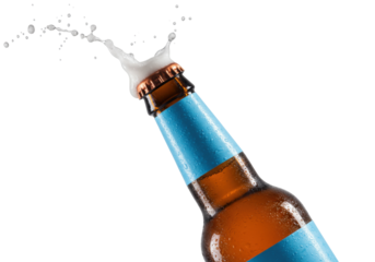 Isolated refreshing cold beer bottle opening with foam and splashes on no background
