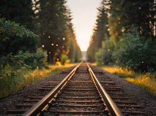 Fototapeta premium Railroad tracks extending into forest at sunset with fireflies