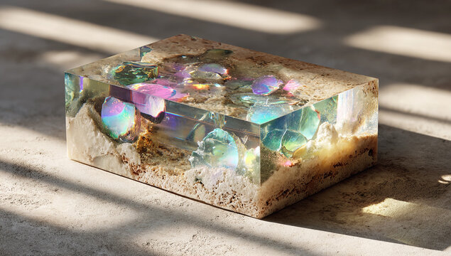 A rectangular resin piece featuring colorful, iridescent geode patterns with transparent glass embedded within it