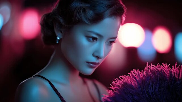 Elegant Retro Woman under Neon Lights