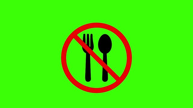 a flat-style vector icon of a black fork and knife crossed out inside a red prohibition circle, no background, using only black and red colors.
