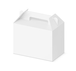 Gable box with handle for transport and sell your product mockup. Vector illustration isolated on white background. Easy to use for presentation your product, idea, promo, design. EPS10.