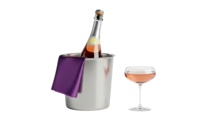 Isolated Rose wine bottle in ice bucket, with glass of rose wine on table, no background