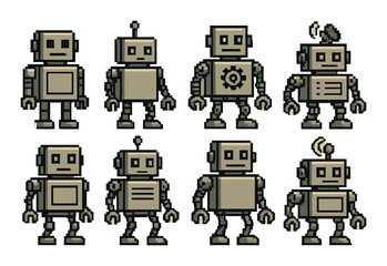 Fototapeta premium Set of retro pixel art robots with unique designs on yellow background
