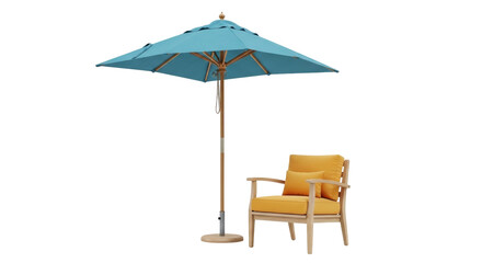 Isolated teal patio umbrella with lounge chair for relaxing in the garden space outdoors © Agata