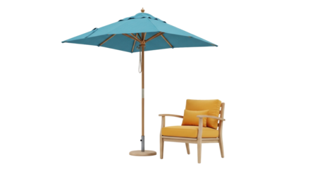 Isolated teal patio umbrella with lounge chair for relaxing in the garden space outdoors