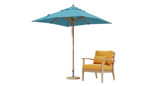 Isolated teal patio umbrella with lounge chair for relaxing in the garden space outdoors