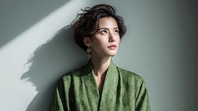 An Asian woman in a kimono bathed in light and shadow