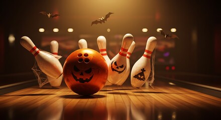 Halloween bowling scene with animated pumpkin ball and spooky pins
