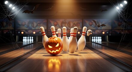 Halloween themed bowling pins with a jack o lantern on a wooden lane spooky scene