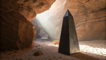 Ancient obelisk standing tall within a sunlit cave entrance surrounded by rocky walls