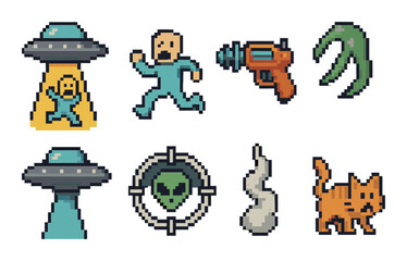 Retro ufo and alien pixel art: space adventure icons