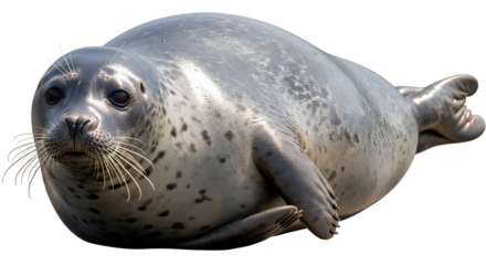 Seal lying down, side view, smooth wet skin, photo-realistic lighting, transparent background.