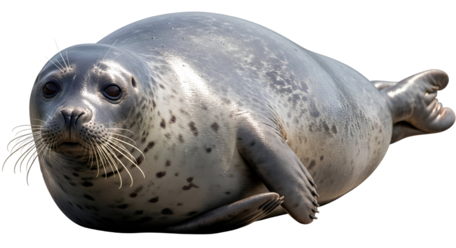 Seal lying down, side view, smooth wet skin, photo-realistic lighting, transparent background.