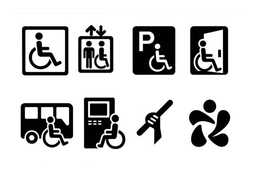 Wheelchair accessibility icons: transport, parking, elevator, assistance
