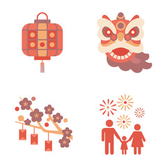 Chinese New Year icons: lantern, lion dance, plum blossom, family watching fireworks.