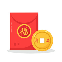 Chinese New Year envelope with a gold coin featuring Chinese characters, symbolizing good fortune and prosperity.