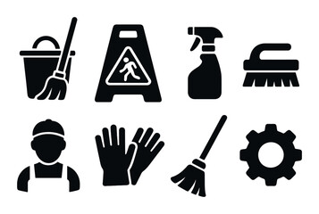 Cleaning tools and safety equipment icons on dark background