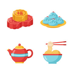 Traditional Chinese food and drink items including mooncakes, dumplings, noodles, and a teapot.