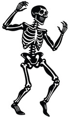 Dancing skeleton silhouette in vintage Halloween style, spooky festive bone characters dancing 