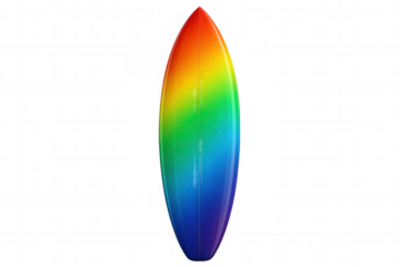 Surfboard showing a rainbow gradient color design, vibrant and isolated on a transparent background
