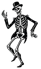 Obraz premium Dancing skeleton silhouette in vintage Halloween style, spooky festive bone characters dancing 