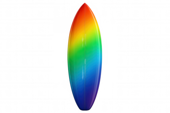Surfboard showing a rainbow gradient color design, vibrant and isolated on a transparent background