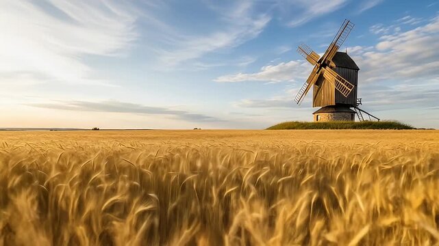 Golden field of wheat leads to an old wooden windmill on a small grassy hill