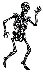 Dancing skeleton silhouette in vintage Halloween style, spooky festive bone characters dancing 