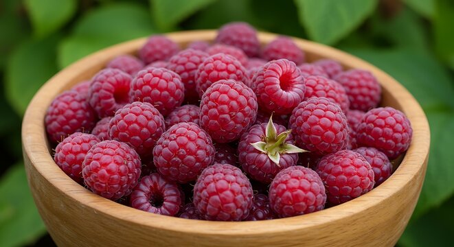 Fresh raspberries in wooden bowl close up of red berries and green background