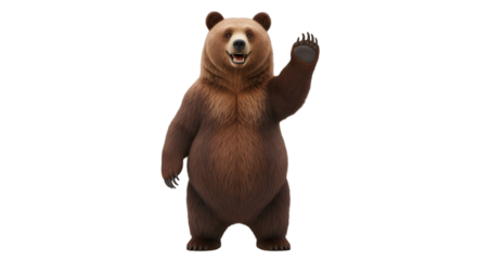 A big brown bear standing upright and raising one hand like waving hello, smiling friendly on a white background.
