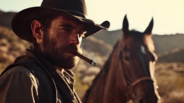 A man in a cowboy hat smoking a cigar, with a horse in the background. The mans face is closeup, and he has a focused expression. The cowboy hat is black.