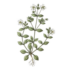 Fototapeta premium Delicate white wildflower with green leaves and roots isolated on a transparent background