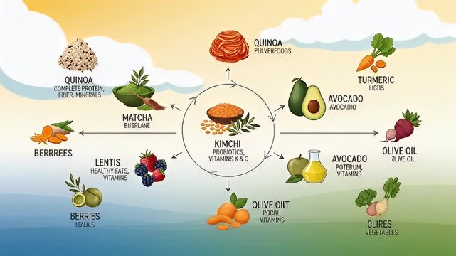 Food diagram with veggies, berries, oils, kimchi, and quinoa, in a circular arrangement