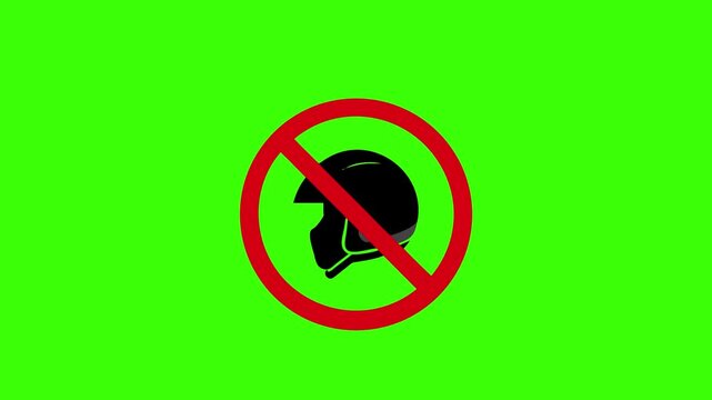 a flat-style vector icon of a full-face helmet silhouette inside a red prohibition circle with a diagonal slash, no background. Use only black and red colors. The design should be minimal, clear, and 
