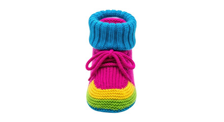 Isolated knitted baby bootie, a handmade sock for child, colorful and bright, for new baby
