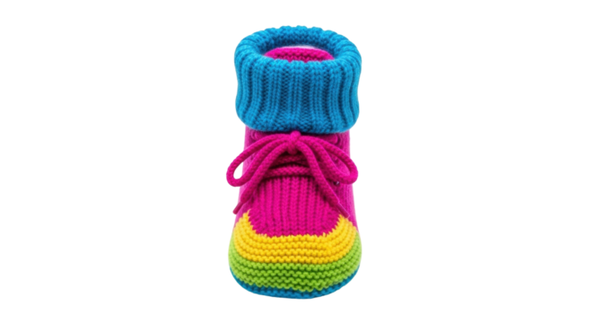 Isolated knitted baby bootie, a handmade sock for child, colorful and bright, for new baby