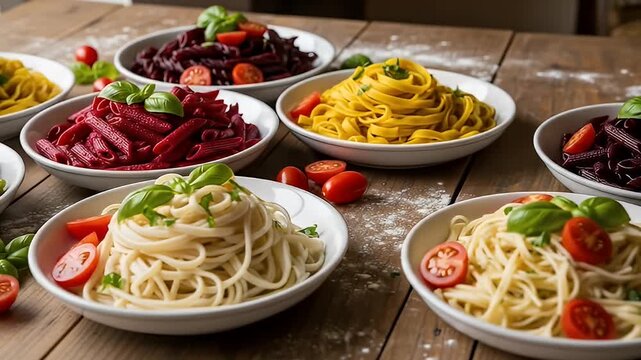 Varied pasta in bowls with basil and tomatoes on a wooden table