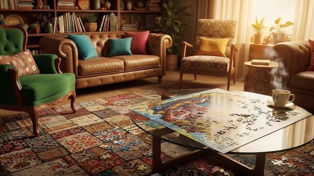 Cozy living room interior with leather couches, puzzle on table, bookshelf, patterned rug