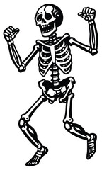 Dancing skeleton silhouette in vintage Halloween style, spooky festive bone characters dancing 