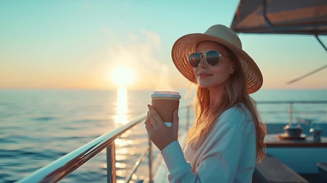 A woman in a straw hat and sunglasses on a boat during sunset, holding a takeaway coffee cup. The sun casts a warm, golden hue over the scene, reflecting off the waters surface.