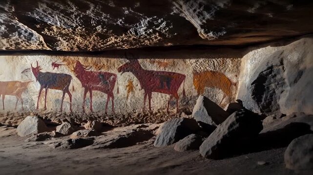 Acoma cave paintings, a region that flourished in the Mesoamerican Southwest, showcasing a blend of traditional and modern artistry. The main subject is a deer, painted with a rich palette of reds.