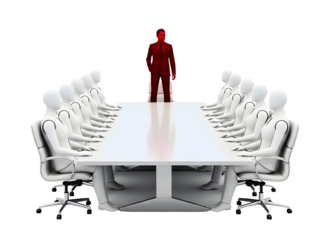 Red leader standing out from white figures around conference table isolated on transparent background