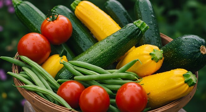 Fresh vegetables in basket tomatoes zucchini and green beans close up