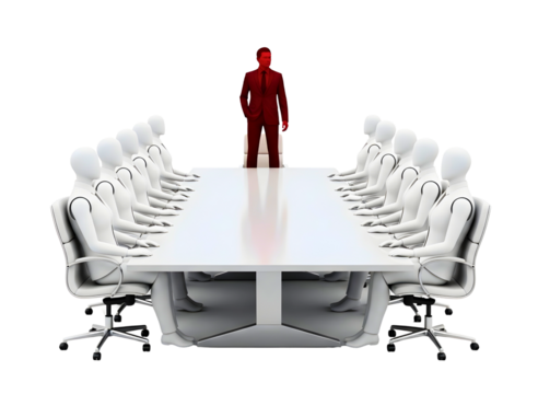 Red leader standing out from white figures around conference table isolated on transparent background