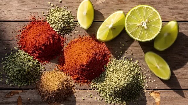 Spices and lemon wedges arranged on rustic wood surface under a warm, natural light