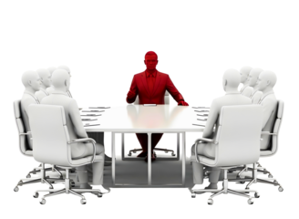 Red leader standing out from white figures around conference table isolated on transparent background